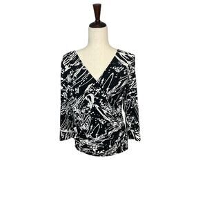 Scott Taylor faux wrap 3/4 sleeve black white v neck blouse shirt women's medium